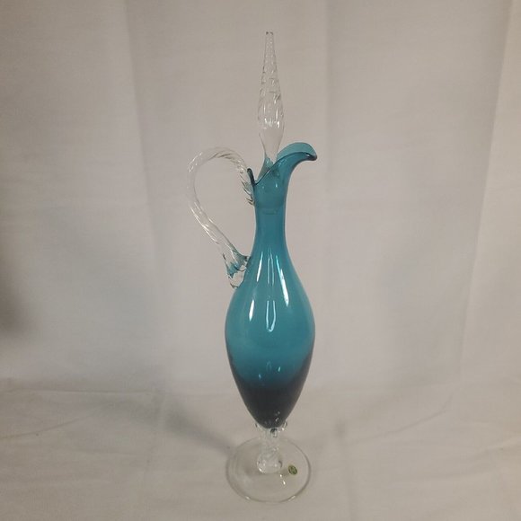 Vintage MCM Italy Empoli Turquoise Blue 14” Ewer Decanter Chipped Stopper RARE - Picture 2 of 16